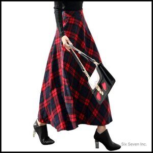 Long Plaid Wool Skirt High Elastic Waist A Line Flared Pleated Elegant